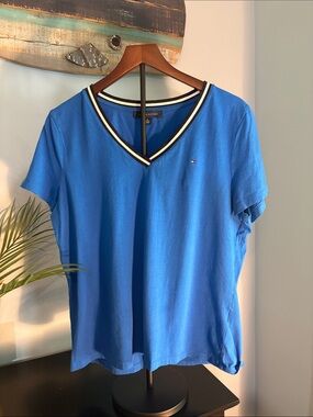 Tommy Hilfiger Royal Blue V-Neck Short Sleeve Top with Striped Trim
